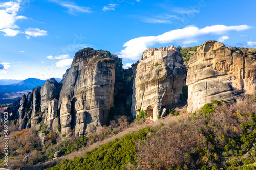 View of Meteora Monastery, Greece. Geological formations of big rocks with Monasteries on top of them.