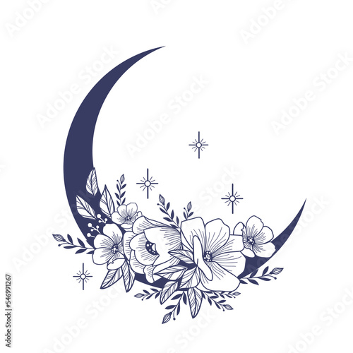 Set of Crescent moons with flower, Flower Moon, Floral magic celestial clipart, Blooming Moon with Stars and crystals