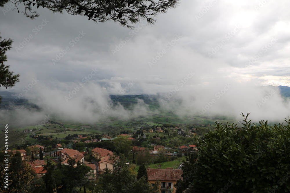 Heavy rain clouds panoramic view around Volterra, Tuscany Italy