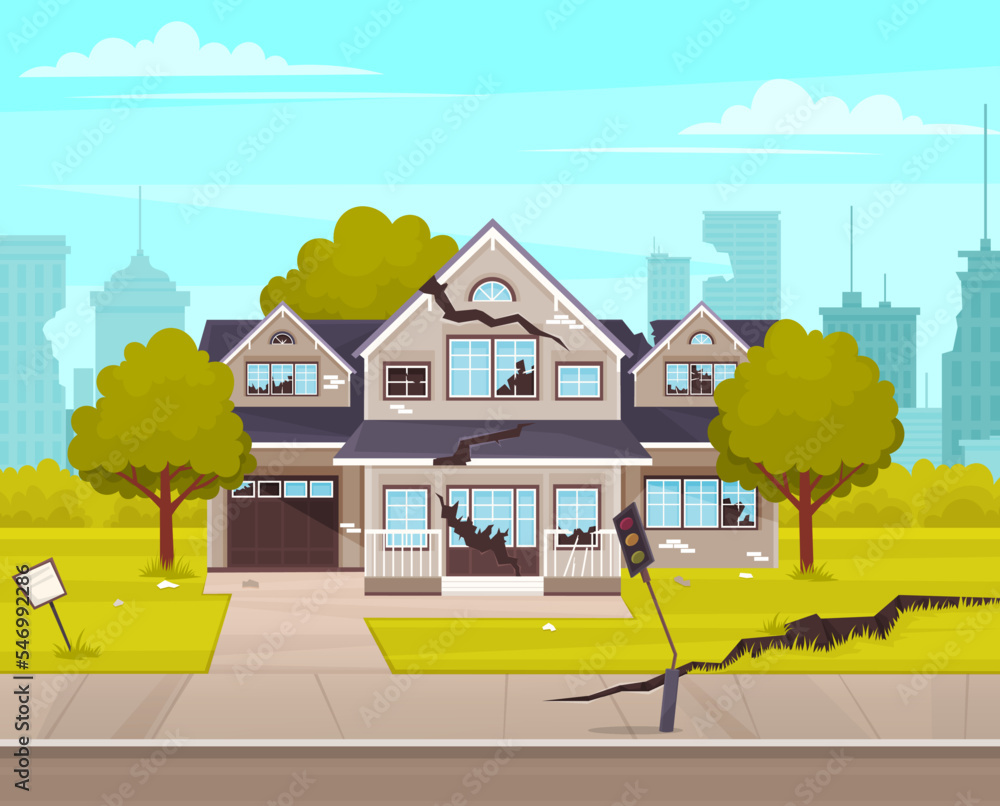 House destroyed by earthquake. Cracks in walls of home. Residential