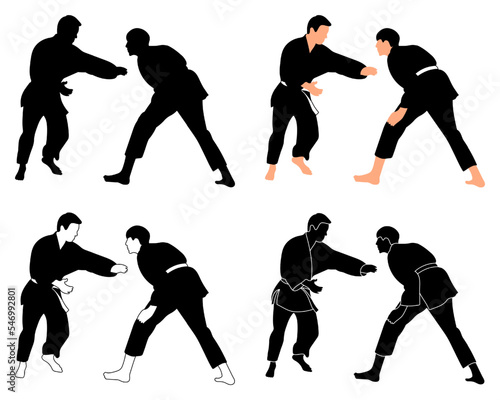 Silhouettes judoist, judoka, fighter in a duel, fight, judo sport, martial art, sport silhouettes pack