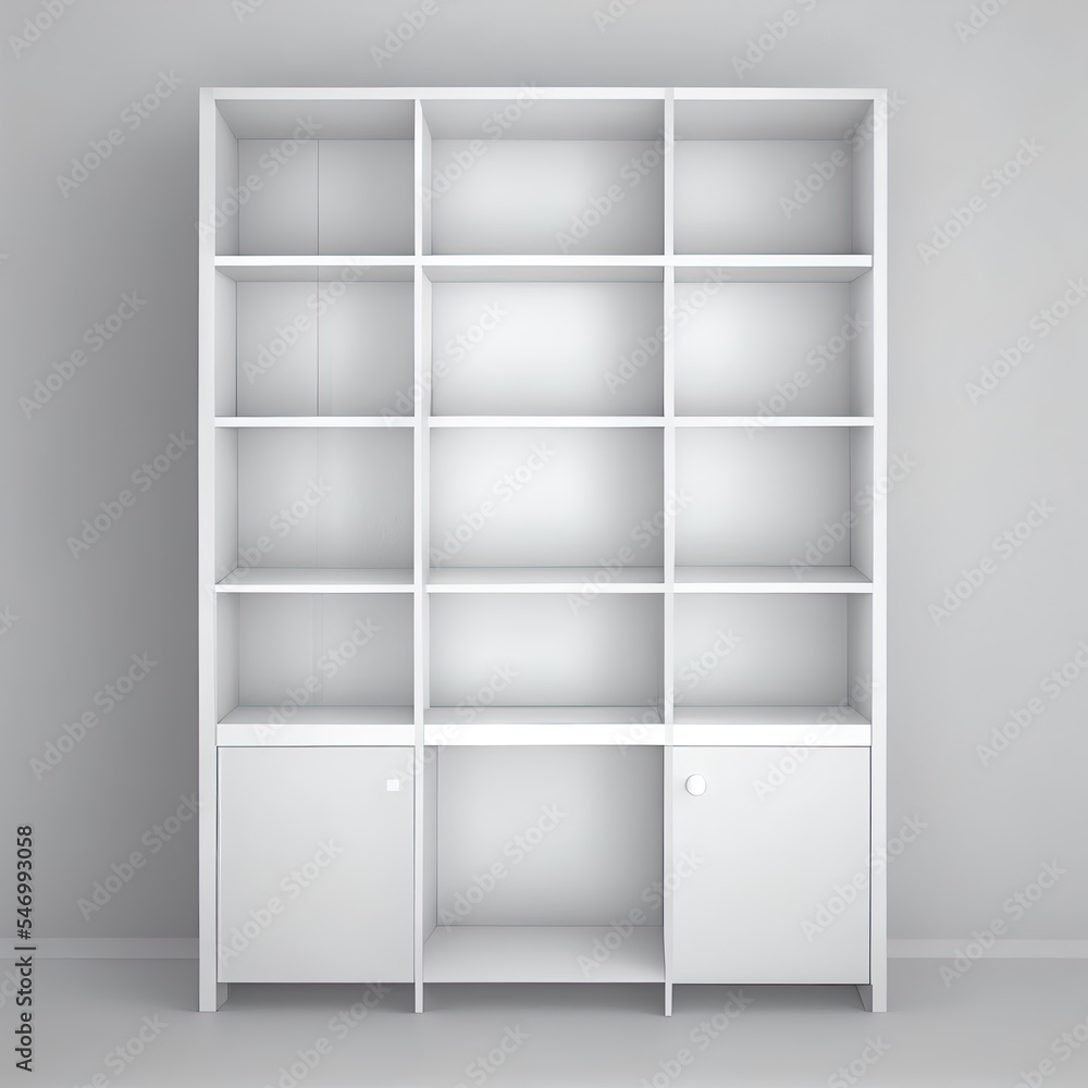 3D mockup of white empty cabinet with shelves on light wall. Kitchen furniture or bookshelf for office and home. Shop, gallery showcase. Blank retail storage space. Interior design furniture 3D mockup of white empty cabinet with shelves on light wall. Kitchen furniture or bookshelf for office and home. Shop, gallery showcase. Blank retail storage space. Interior design furniture