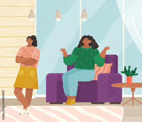 Parent adolescent conflict concept in flat design. Mother scolds daughter teeneger at home. Problem of upbringing kids. Family conflict, naughty rough daughter. Mom talks to disobedient girl