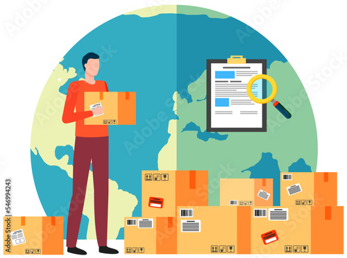Man controls delivery of goods around world. Globe and parcels, document and geolocation poitier. Employee of company for parcels shipment. Guy marks boxes with goods to deliver all over planet
