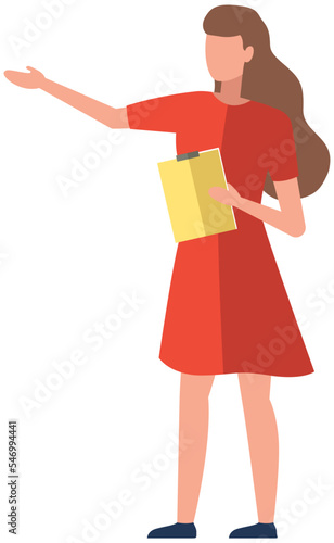Young woman holding clipboard. Female employee stands with document in her hands. Girl in dress points at something with her hand. Faceless businesswoman with clipboard isolated on white background