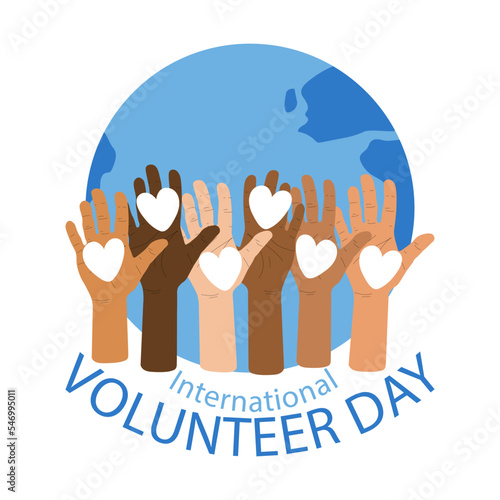 International volunteer day 5 December vector illustration isolated on white background. Earth globe and diverse hands with white hearts on palms. Flat style badge, emblem