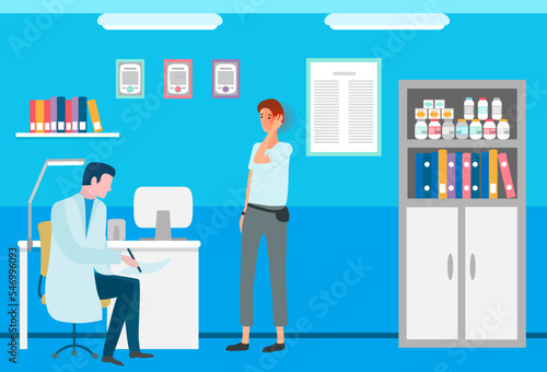 Man with pain in ear in consultation with doctor. Otolaryngologist consults patient with earache. Person suffering from pain in ear. Painful sensations of sick person. Young man grabs his hand to head