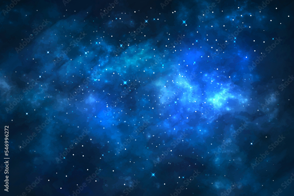 Space background with stardust and shining stars. Realistic colorful cosmos with nebula and milky way. Blue galaxy background. Beautiful outer space. Infinite universe. Vector illustration