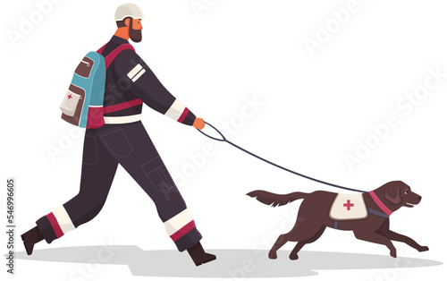 Rescuer with dog go on mission. Lifeguard dog on leash from man. Security brigade representative during natural disaster. Rescuer with backpack in protective suit walks with lifeguard puppy
