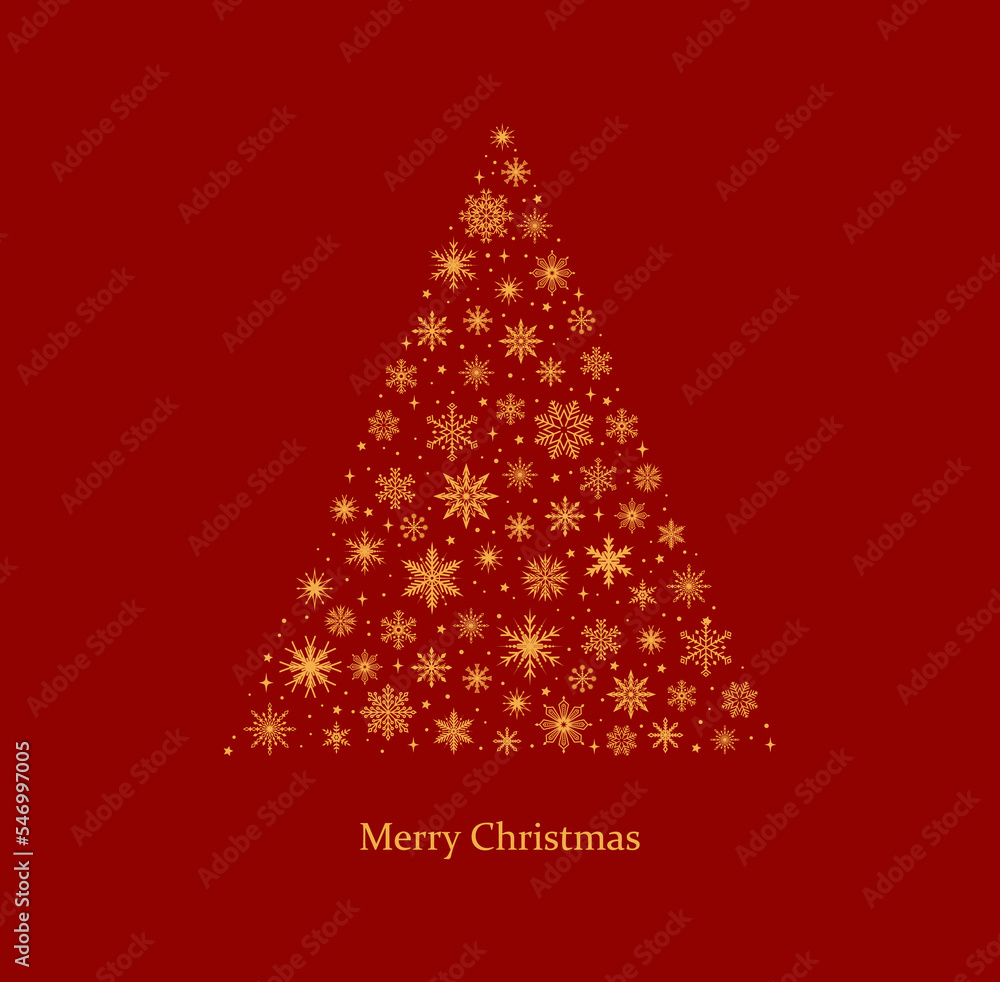 Christmas tree made of golden snowflakes on a red background. Christmas greeting card. Vector illustration Christmas tree made of golden snowflakes on a red background. Christmas greeting card. Vector illustration