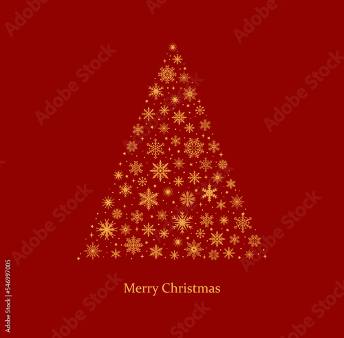 Christmas tree made of golden snowflakes on a red background. Christmas greeting card. Vector illustration