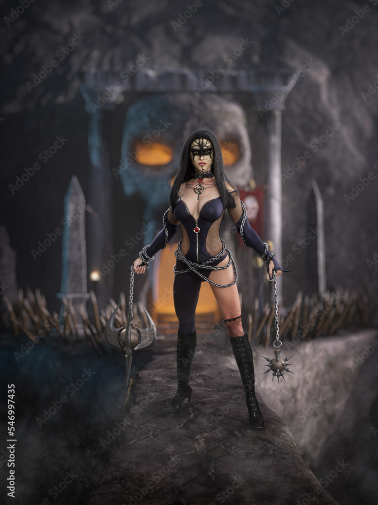 Beautiful fantasy warrior woman standing on a stone bridge holding deadly weapons with a skull carved from rock at a cave entrance behind her.  3D illustration.