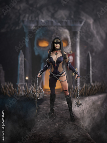Beautiful fantasy warrior woman standing on a stone bridge holding deadly weapons with a skull carved from rock at a cave entrance behind her. 3D illustration.