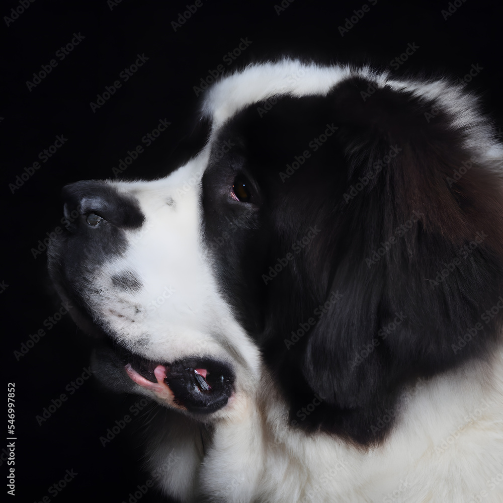 Close up studio photography of a dog head. Landseer ect, Landseer Newfoundland  close up head photography, realistic dog and puppy head on black background.     