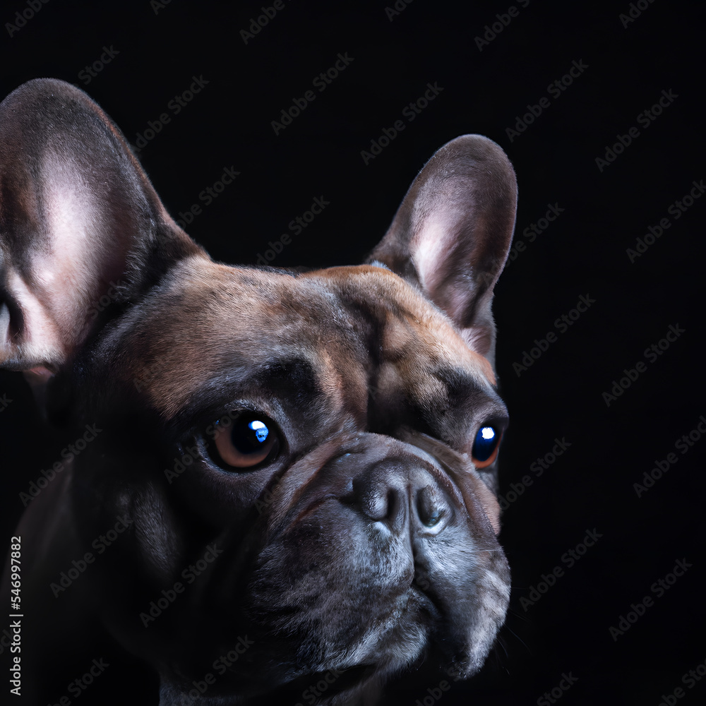 Close up studio photography of a dog head. French Bulldog  close up head photography, realistic dog and puppy head on black background.     