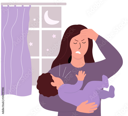 A mother with a child in her arms. The child cries, does not sleep at night, the woman has a headache, depression, it's hard for her. Difficulties in the family. Vector graphics.