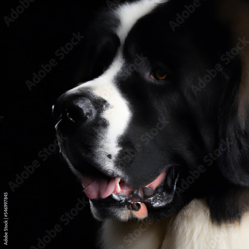 Close up studio photography of a dog head. Landseer ect, Landseer Newfoundland close up head photography, realistic dog and puppy head on black background. 