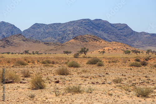 Namibian landscape along the gravel road. Sossusvlei, Namibia.