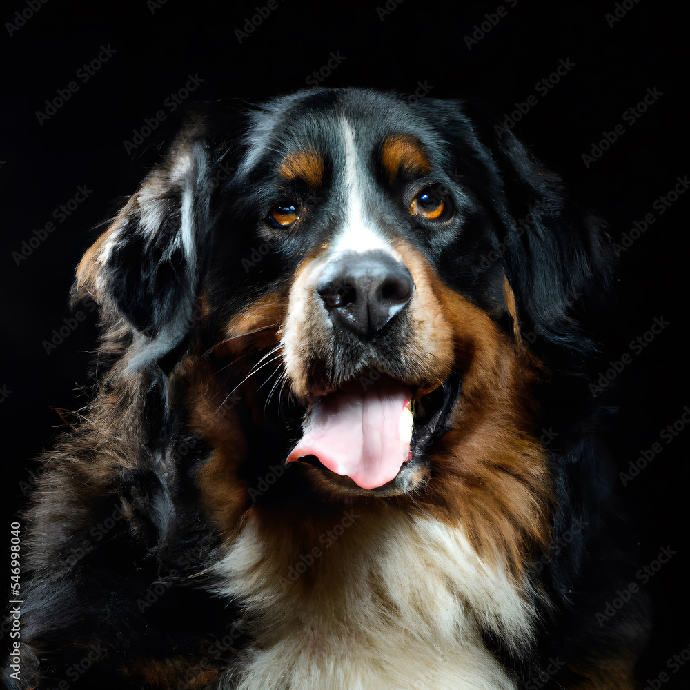 Close up studio photography of a dog head. Bernese mountain dog  close up head photography, realistic dog and puppy head on black background.     