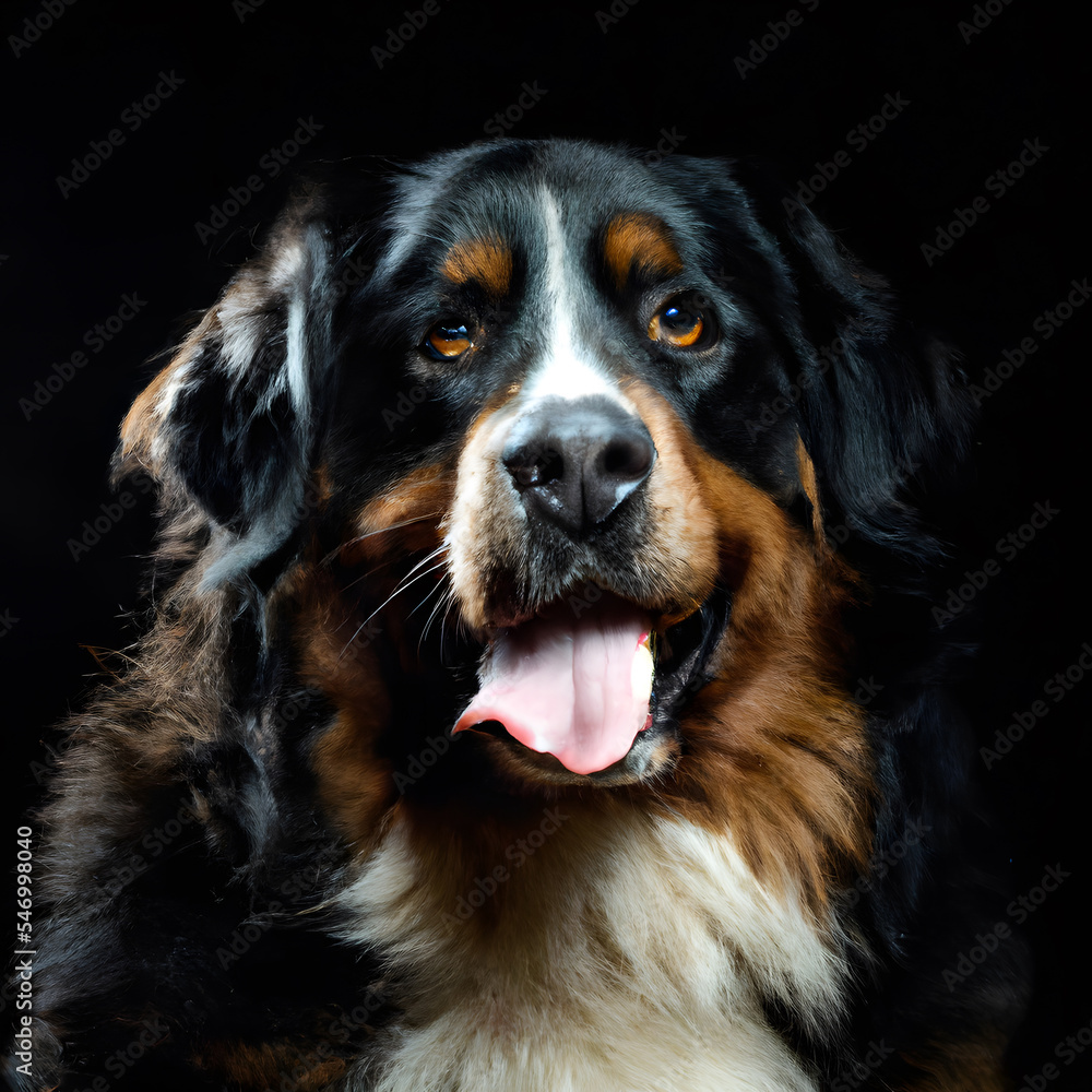 Close up studio photography of a dog head. Bernese mountain dog close up head photography, realistic dog and puppy head on black background. Close up studio photography of a dog head. Bernese mountain dog close up head photography, realistic dog and puppy head on black background.
