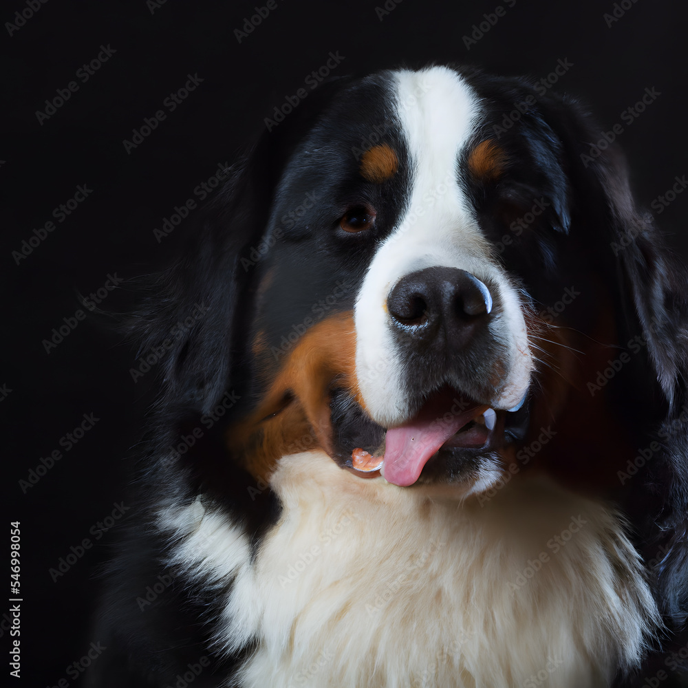 Close up studio photography of a dog head. Bernese mountain dog close up head photography, realistic dog and puppy head on black background. Close up studio photography of a dog head. Bernese mountain dog close up head photography, realistic dog and puppy head on black background.