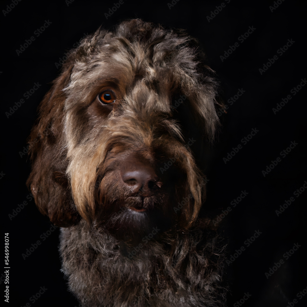 Close up studio photography of a dog head. Labradoodle  close up head photography, realistic dog and puppy head on black background.     