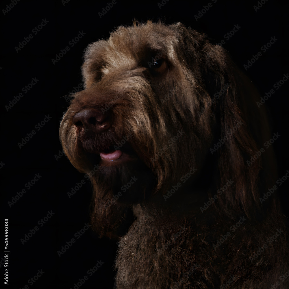 Close up studio photography of a dog head. Labradoodle  close up head photography, realistic dog and puppy head on black background.     