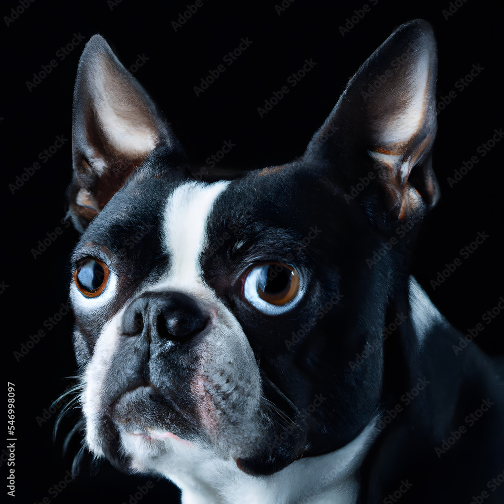 Close up studio photography of a dog head. Boston terrier  close up head photography, realistic dog and puppy head on black background.     