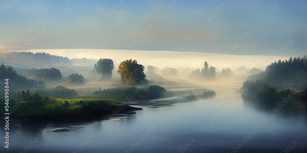 Beautiful landscape, mist over a lake