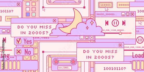 Cute bright seamless pattern in a trendy Y2K style. Nostalgia for 90s - 2000s. Graphic design application computer window screen. Aesthetics of old computers.