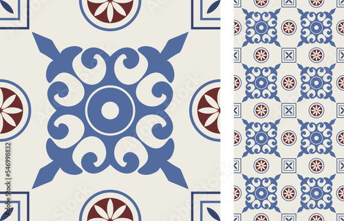 Seamless Azulejo tile. Portuguese and Spain decor. Ceramic tile. Seamless Floral pattern. Vector hand drawn illustration, typical portuguese and spanish tile