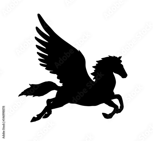 Cute magic Pegasus vector silhouette illustration isolated on white background. Pegasus shape shadow  majestic mythical Greek winged horse. Mythology flying Horse from dream. Symbol of freedom.