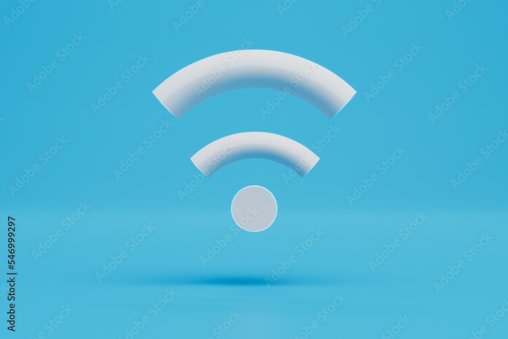 Obraz premium The Wi-Fi connection icon is white on a blue background. 3D render