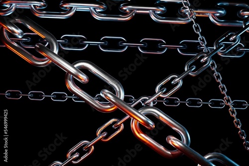 intertwined lines of chains consisting of iron rings on a black background. 3D render