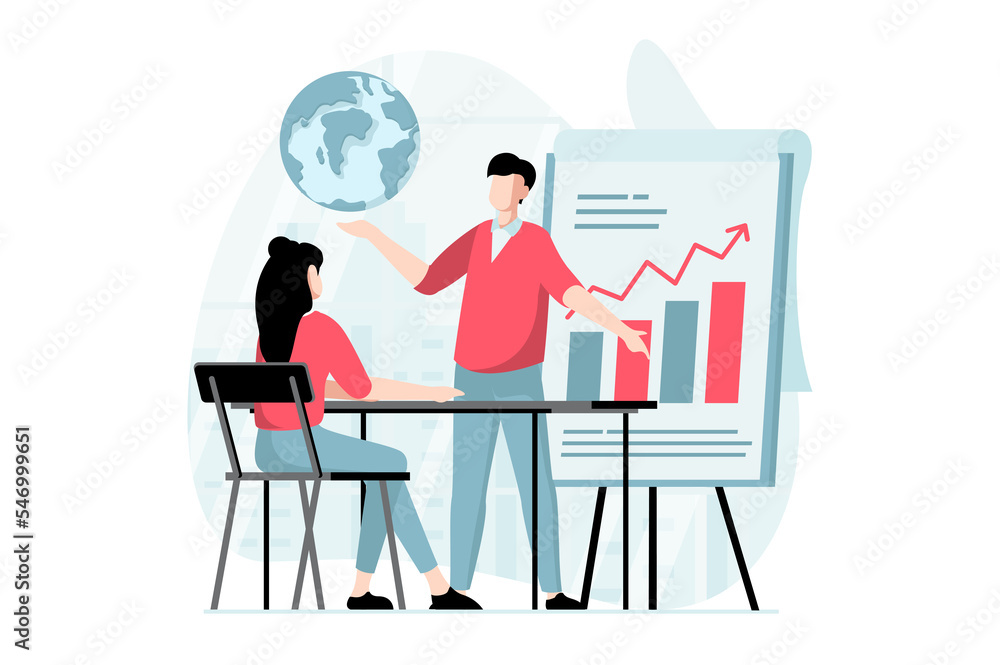 Global economic concept with people scene in flat design. Man and woman discussing and analyzing financial data, creates strategy at meeting. Illustration with character situation for web