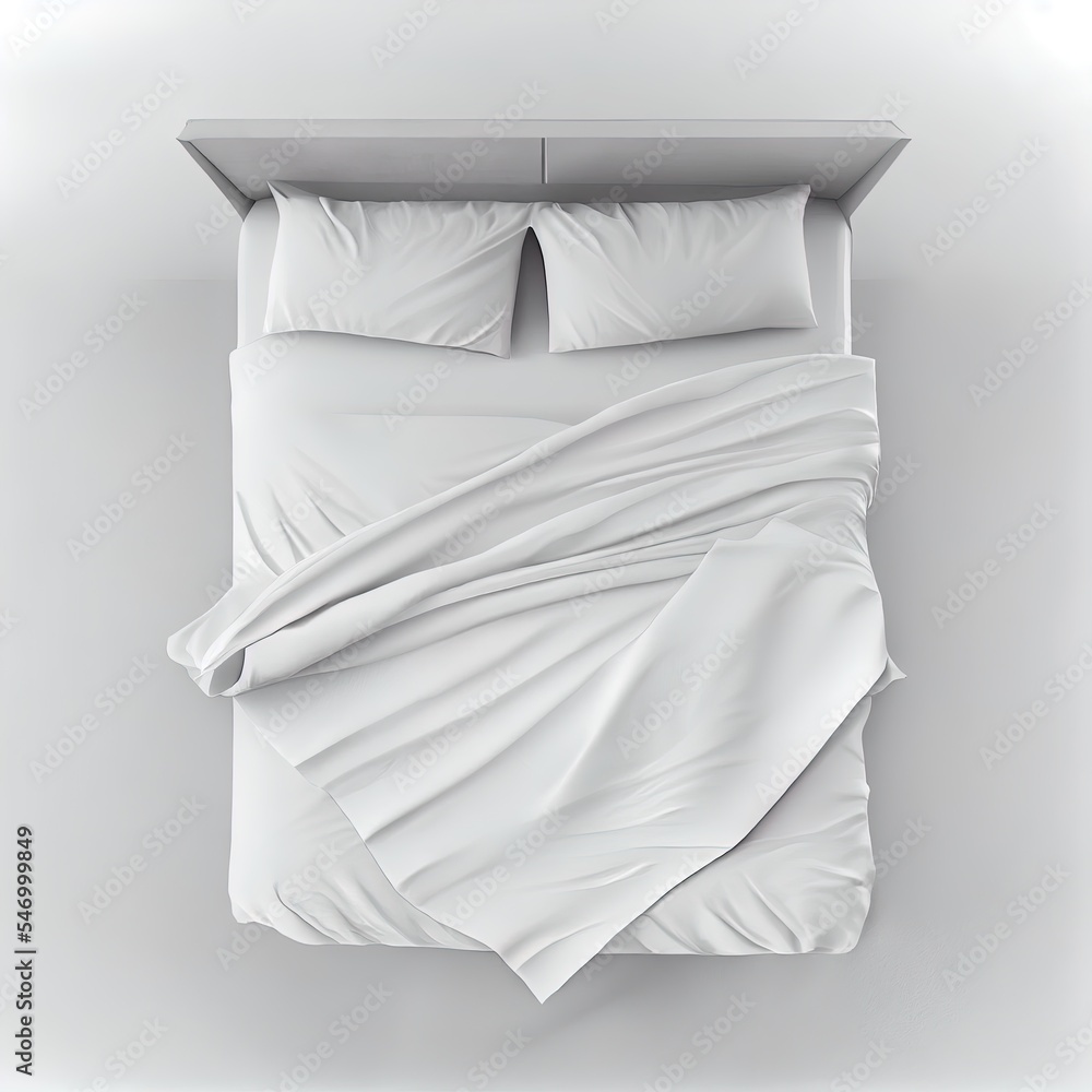 Blank white bed mock up, top view isolated, 3d rendering. Empty blanket