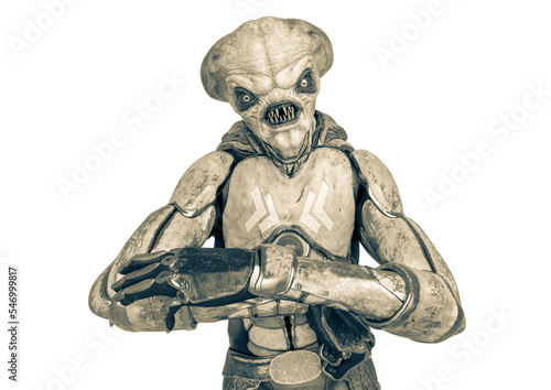 official alien on a sci-fi outfit planing some thing in a white background