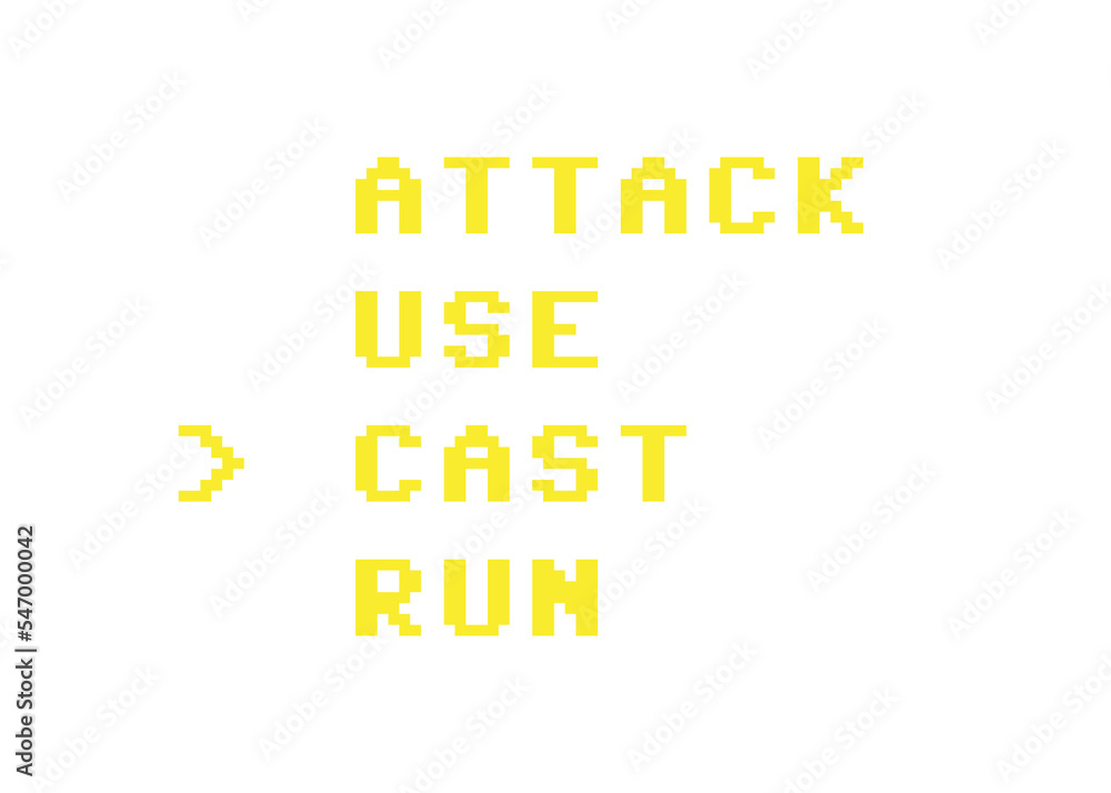A typical list of choices from an imaginary 8-bit video game: attack, use, cast (marked with an arrow), run. Isolated yellow text.
