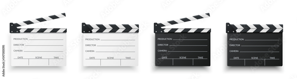 Realistic movie clapper board set. White, black and open, closed clapboards. Filmmaking, video production industry equipment. Movie, cinema, film symbol concept. Director clapboard. Vector