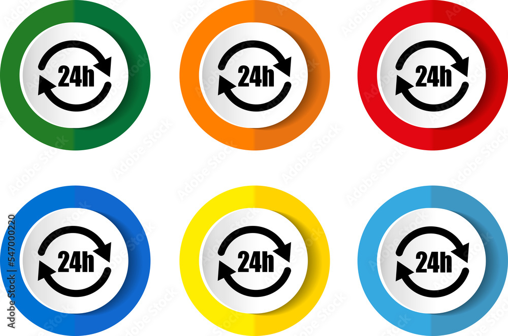 24h service concept  icon set, modern design abstract web buttons i n 6 color options, infographic template.