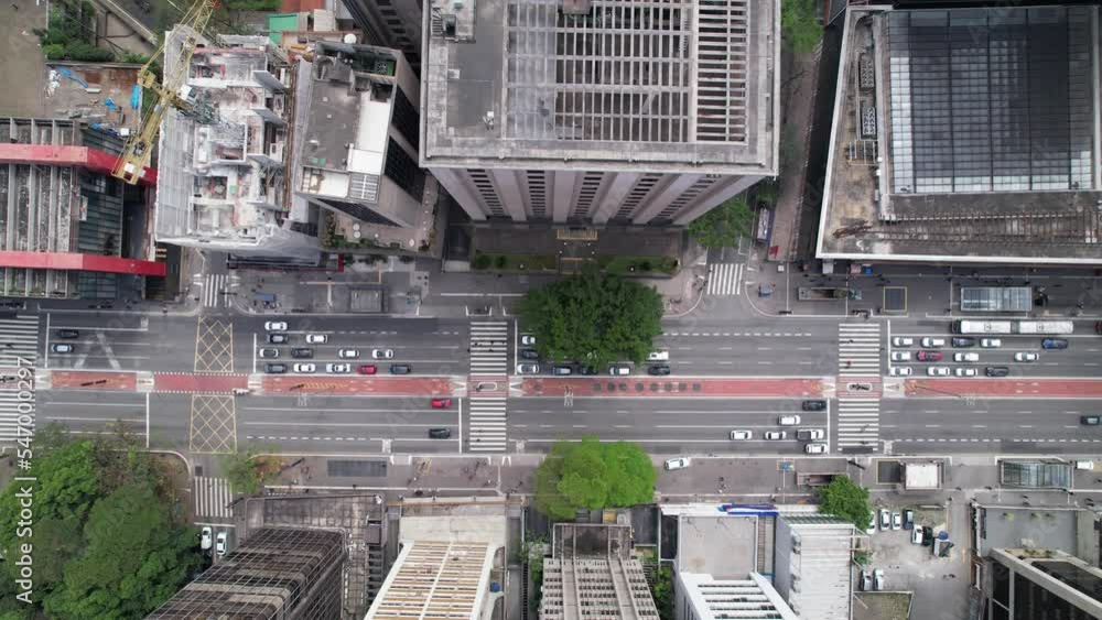 Aerial view of Av. Paulista in São Paulo, SP. Main avenue of the capital. Sunday day, without cars, with people walking on the street.