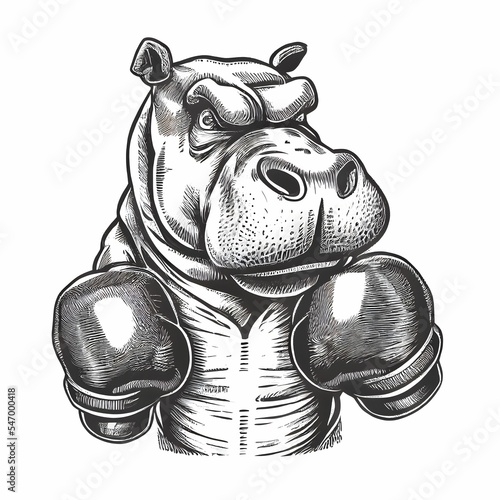 Canvas Print Sketch illustration of a hippopotamus with boxing gloves, standing confidently,o