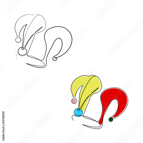 Circus jester fool hat in one line drawing style. Funny clown cap with bells. Harlequin costume. Carnival headgear. Hand drawn vector illustration.