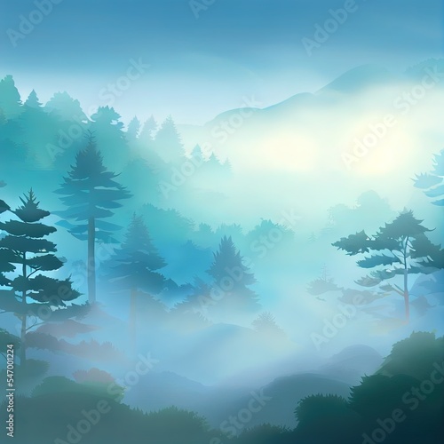 Forest landscape with fog and mist. Fantasy nature background wallpaper. © AkuAku