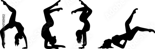 Set of vector silhouettes of girls doing gymnastics handstand. Icons of woman in acrobatic handstands, acrobatic pose. Yoga and acrobatic illustration on white background, vector.