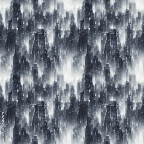 Seamless illustration in cold colors with dark silhouettes of buildings, formed by horizontal and vertical lines and light windows. Seamless pattern depicting a city landscape in blue fog.
