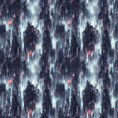 Seamless cyberpunk cityscape pattern with dark building silhouettes, red windows and blue fog. Contemporary art - abstract urban landscape.