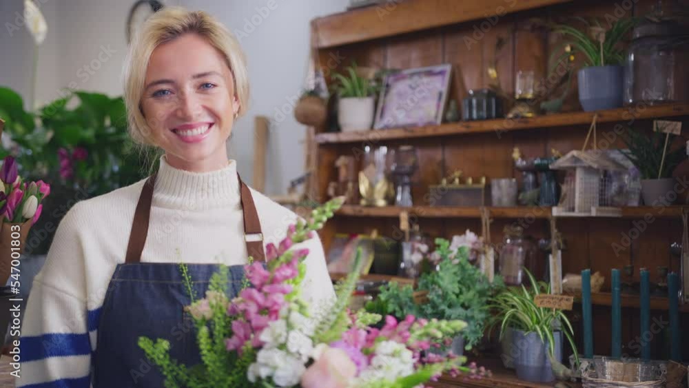 Portrait of female owner of florists shop holding bouquet of flowers - shot in slow motion Portrait of female owner of florists shop holding bouquet of flowers - shot in slow motion