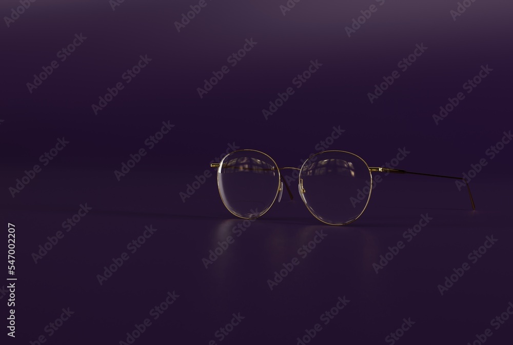 Glasses with round metal frames on a purple background. Concept of wearing glasses, vision problems, vision defect. 3D render, 3D illustration. Glasses with round metal frames on a purple background. Concept of wearing glasses, vision problems, vision defect. 3D render, 3D illustration.