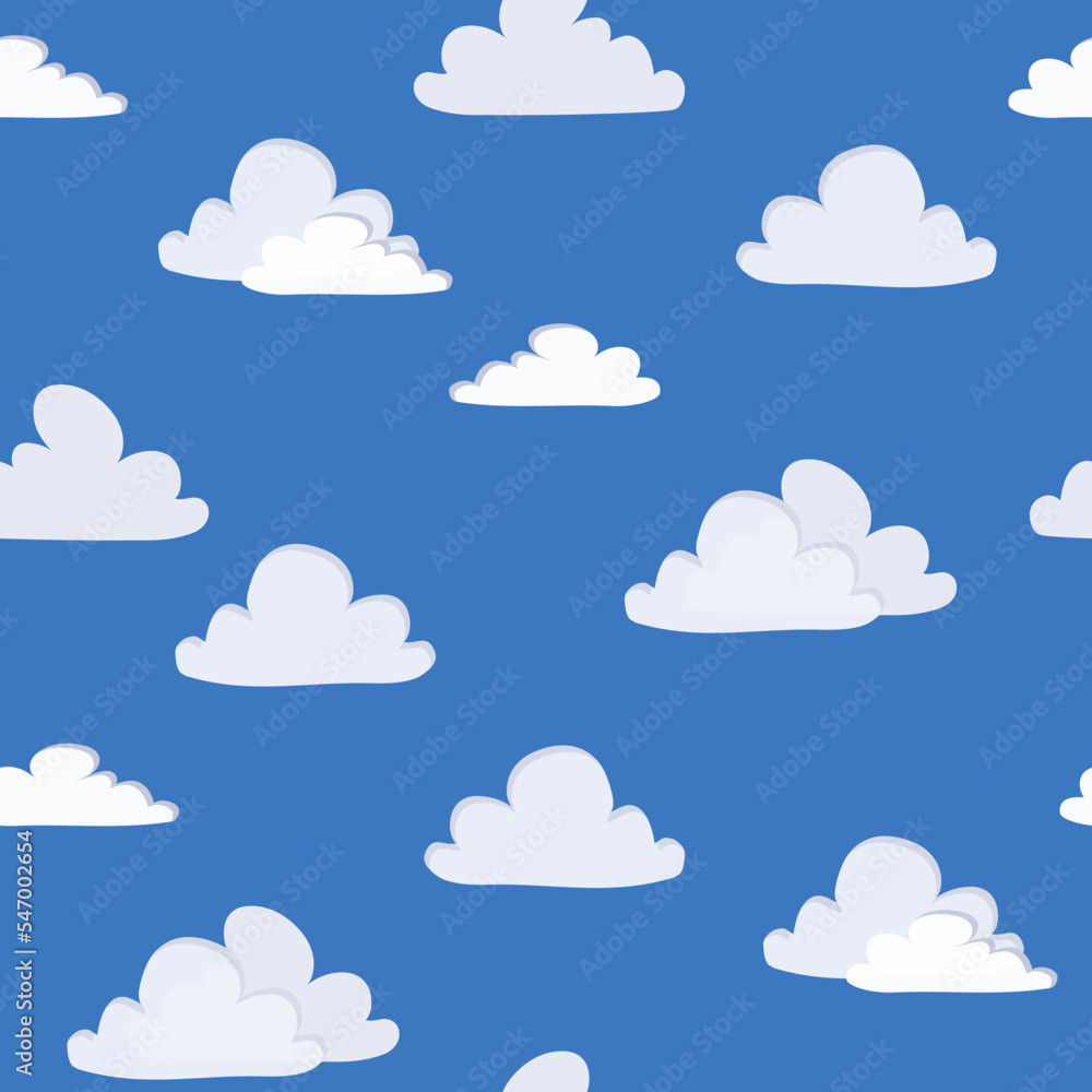 White clouds on blue sky seamless pattern vector illustration Childish background Flat cartoon style design for wrapping paper, textile, fabric and packaging decoration White clouds on blue sky seamless pattern vector illustration Childish background Flat cartoon style design for wrapping paper, textile, fabric and packaging decoration